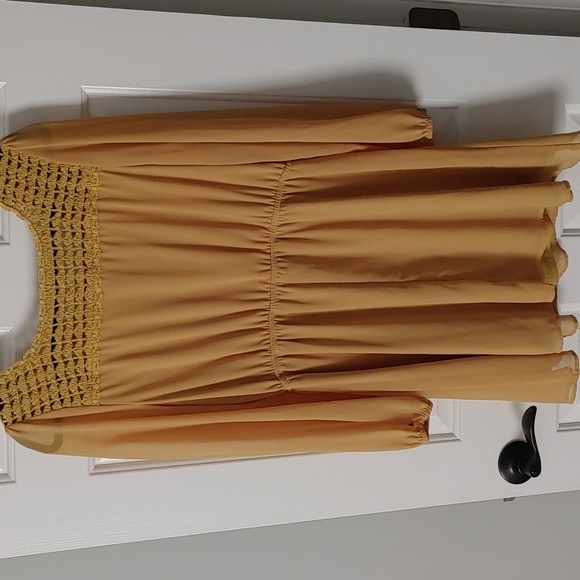 Entro Mustard Long Sleeve Lined Mini Dress Women's LG Peasant Boho Crochet - Picture 5 of 6